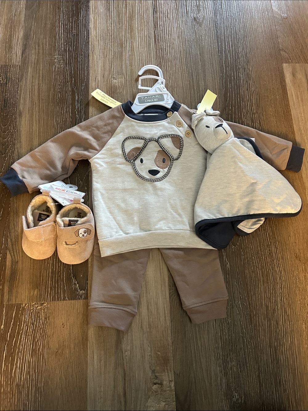 Matching sweater, pants, shoes, and lovey set - puppy themed size 6–9 months